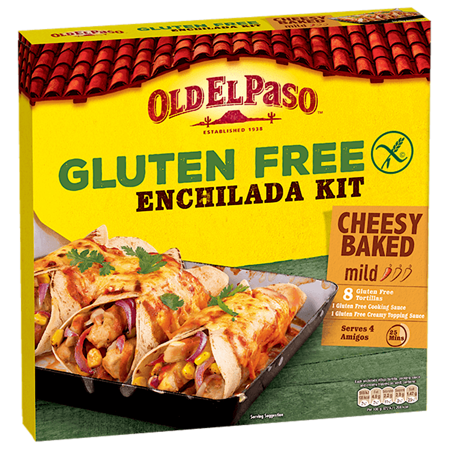 pack of Old El Paso's Gluten free cheesy baked enchilada kit containing tortillas, psice mix & creamy sauce (518g)